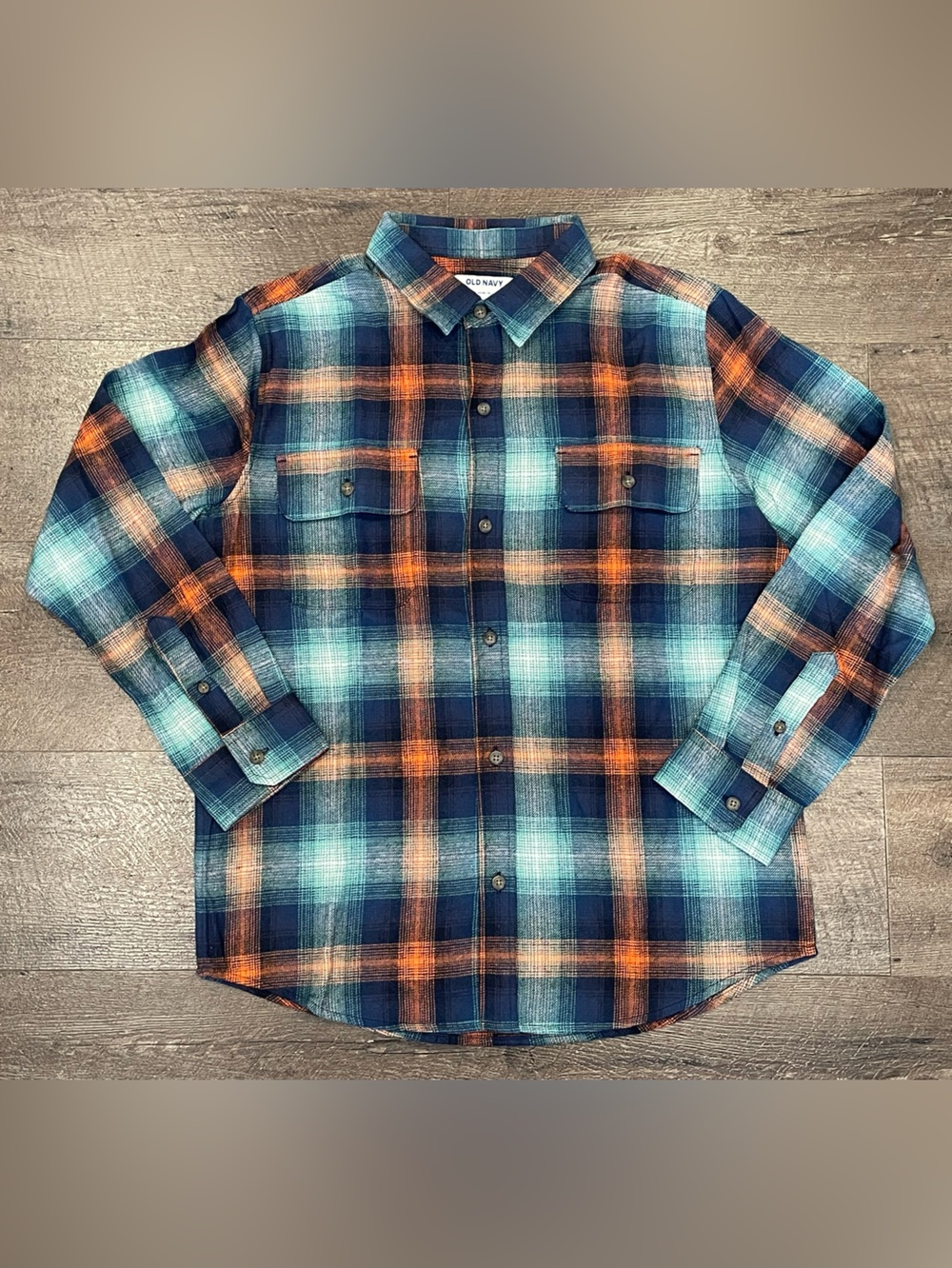 Old Navy Boys’ Blue & Orange Plaid Flannel Long Sleeve Shirt Size XL Plus
